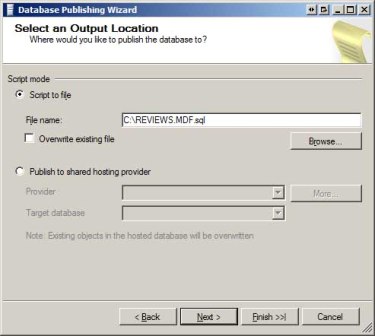 データベースをファイルにスクリプトを作成するか、Web ホスト プロバイダーに直接発行する