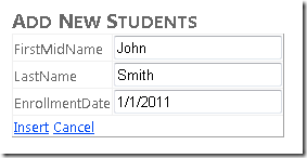 [Internet Explorer] ウィンドウのスクリーンショット。John Smith の名前と登録日がテキスト フィールドに入力された [新しい学生の追加] ビューが表示されています。