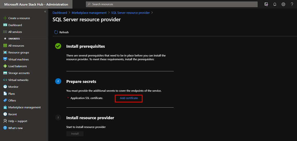 Marketplace 管理によるシークレットの準備のスクリーンショット。