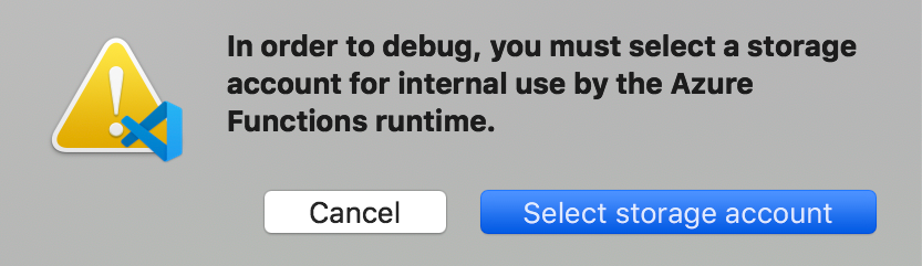 Visual Studio Codeアラート ウィンドウのスクリーンショット。ストレージ アカウントの選択が強調表示されています。
