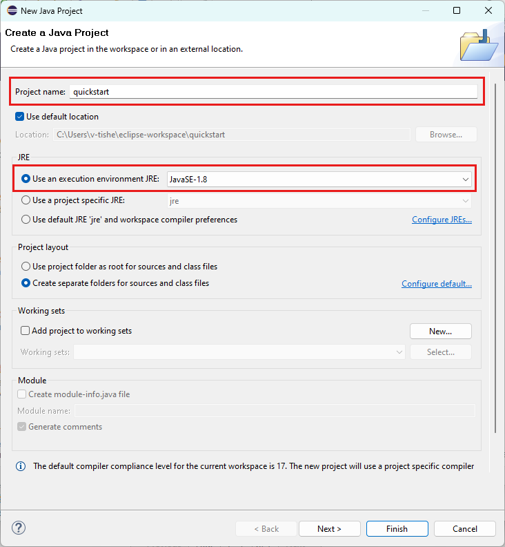 Java プロジェクトを作成するための選択が表示された、[新規 Java プロジェクト] ウィザードのスクリーンショット。