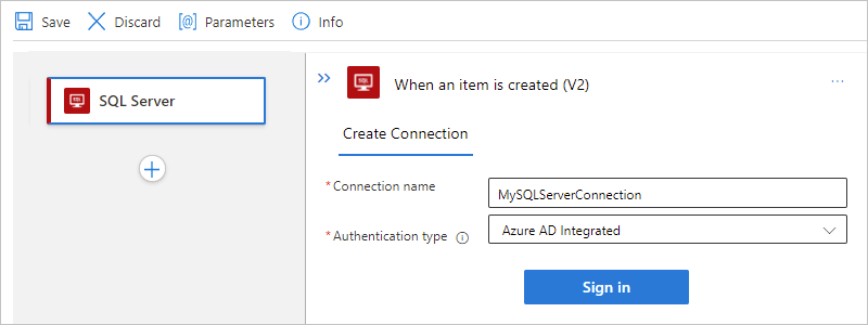 選択した認証の種類を含む SQL Server クラウド接続情報を示すスクリーンショット。