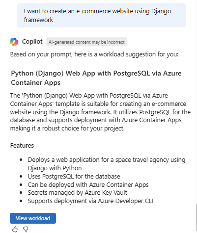Azure Copilot からのテンプレートの推奨事項の例のスクリーンショット。