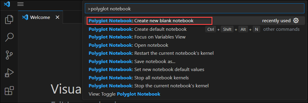 Visual Studio Code に入力された Create new Polyglot notebook コマンドのスクリーンショット。