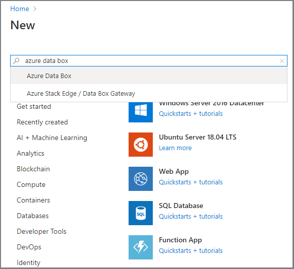 新しい Data Box 注文の作成時に表示される検索結果の画面キャプチャ。