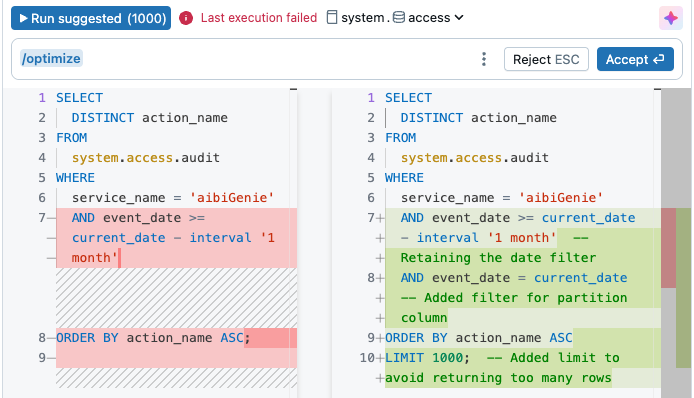Genie Code で /optimize コマンドを使用して生成された最適化されたクエリ