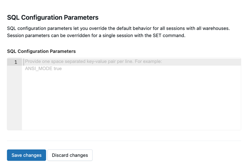 ANSI_MODE が true に設定されているすべての SQL ウェアハウスのスクリーンショット
