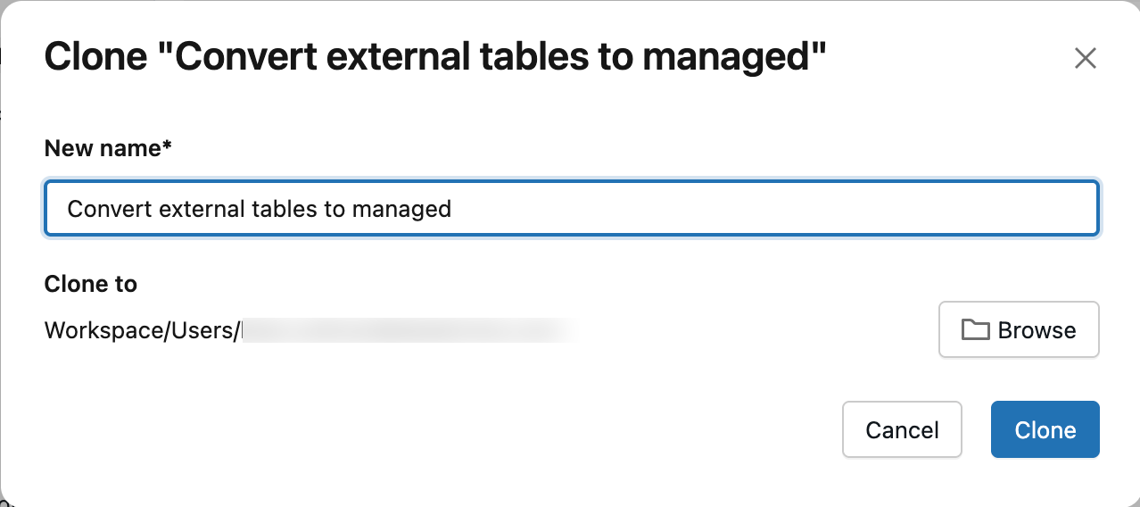 [名前] フィールドと [参照] オプションが表示されている [変換ノートブックの作成] ダイアログ