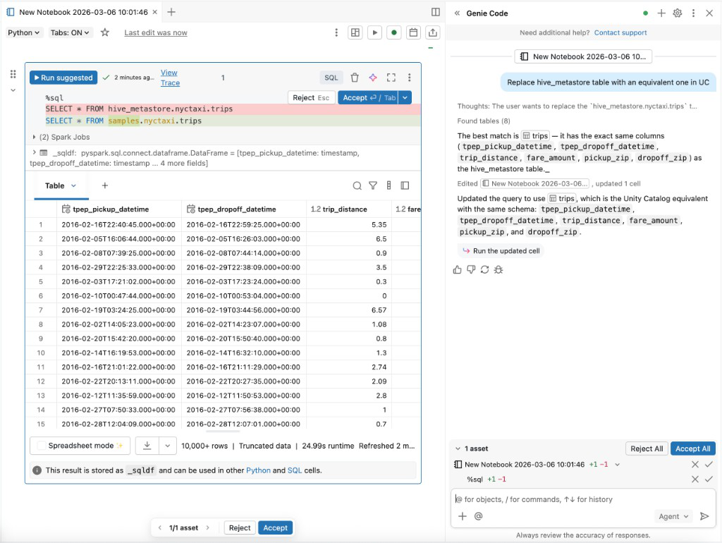 Genie Code を使用して Hive メタストア テーブルを UC に置き換える。