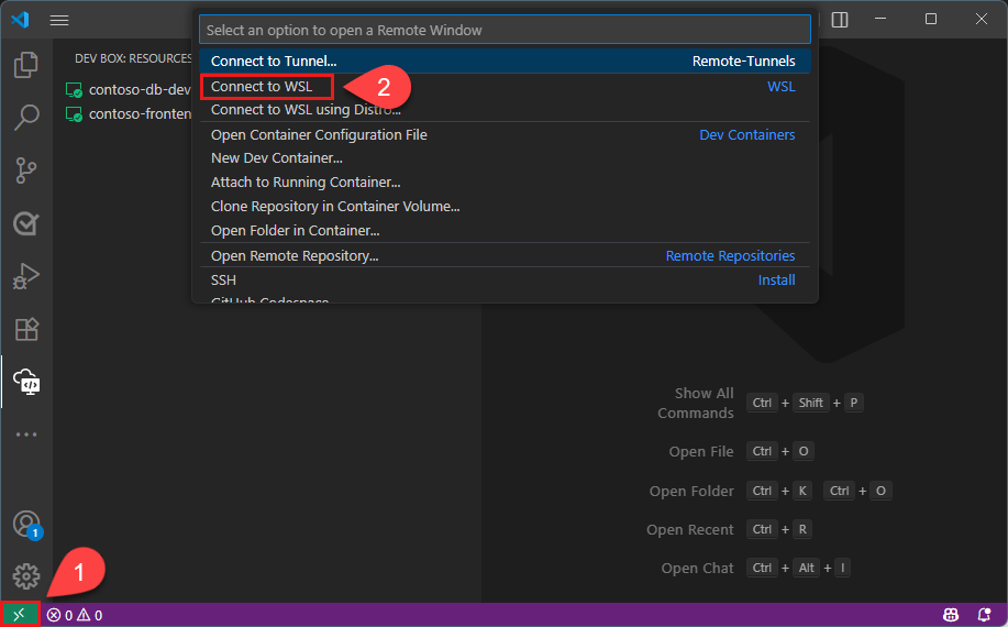 Dev Box WSL ターゲットを強調表示し、使用可能な WSL ディストリビューションを示す Visual Studio Code リモート エクスプローラーのスクリーンショット。