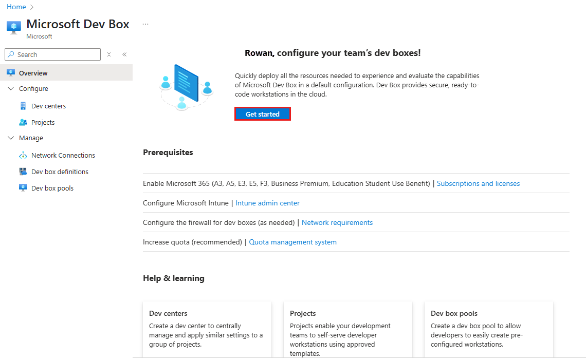 Azure portal の [Dev Box の概要] ページのスクリーンショット。開発ボックス環境を構成するためのオプションが表示されています。