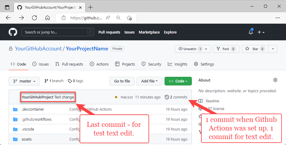 GitHubでコミットされた変更のスクリーンショット
