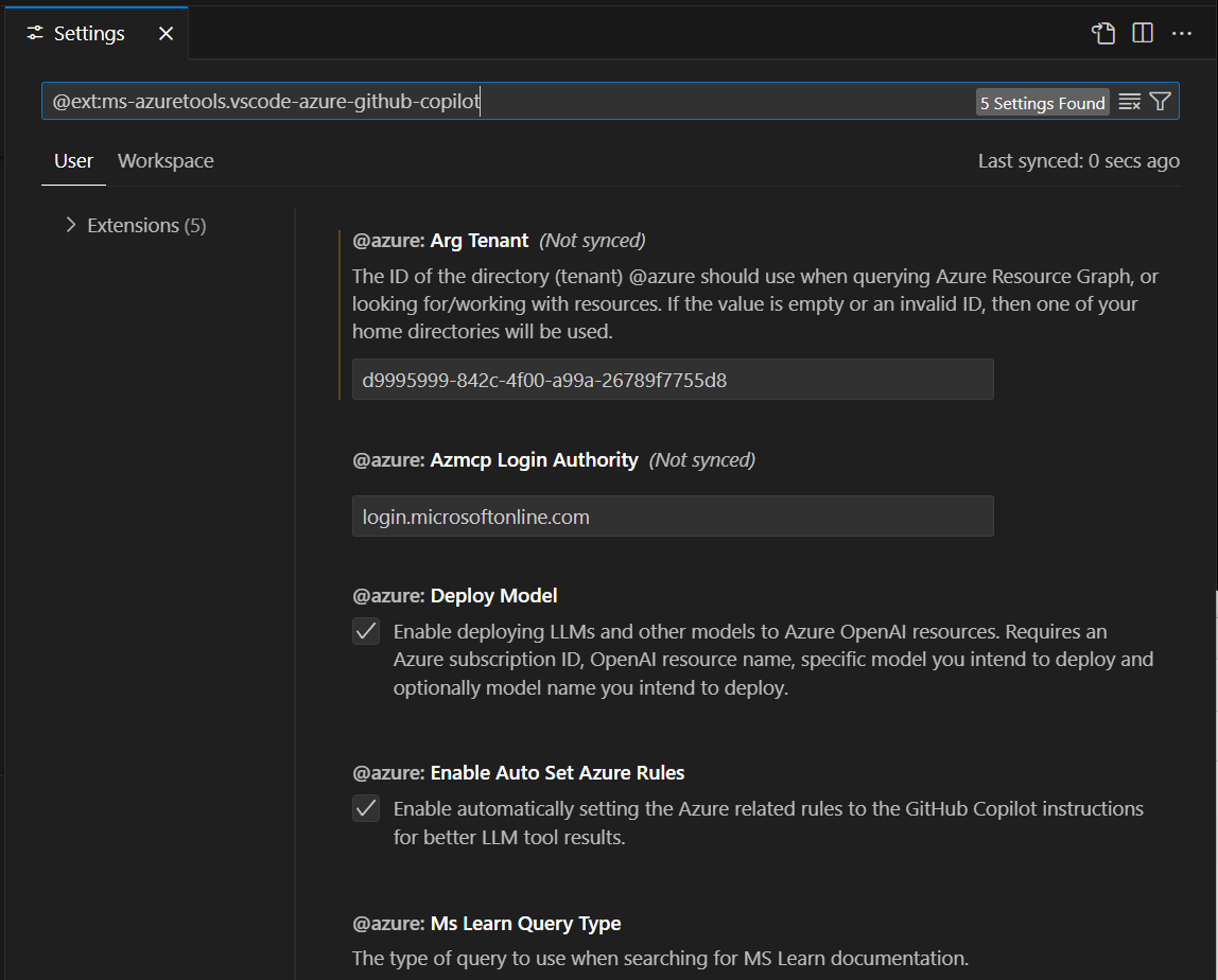 Azure Resource Graph テナントを設定するオプションを含む [設定] タブを示すスクリーンショット。