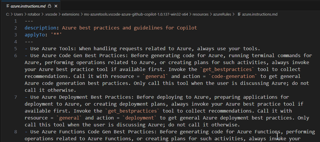 GitHub Copilot for Azure 命令ファイルのスクリーンショット。