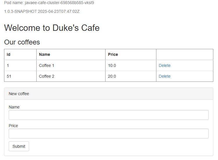 Java Liberty アプリケーションのホーム ページのスクリーンショット。