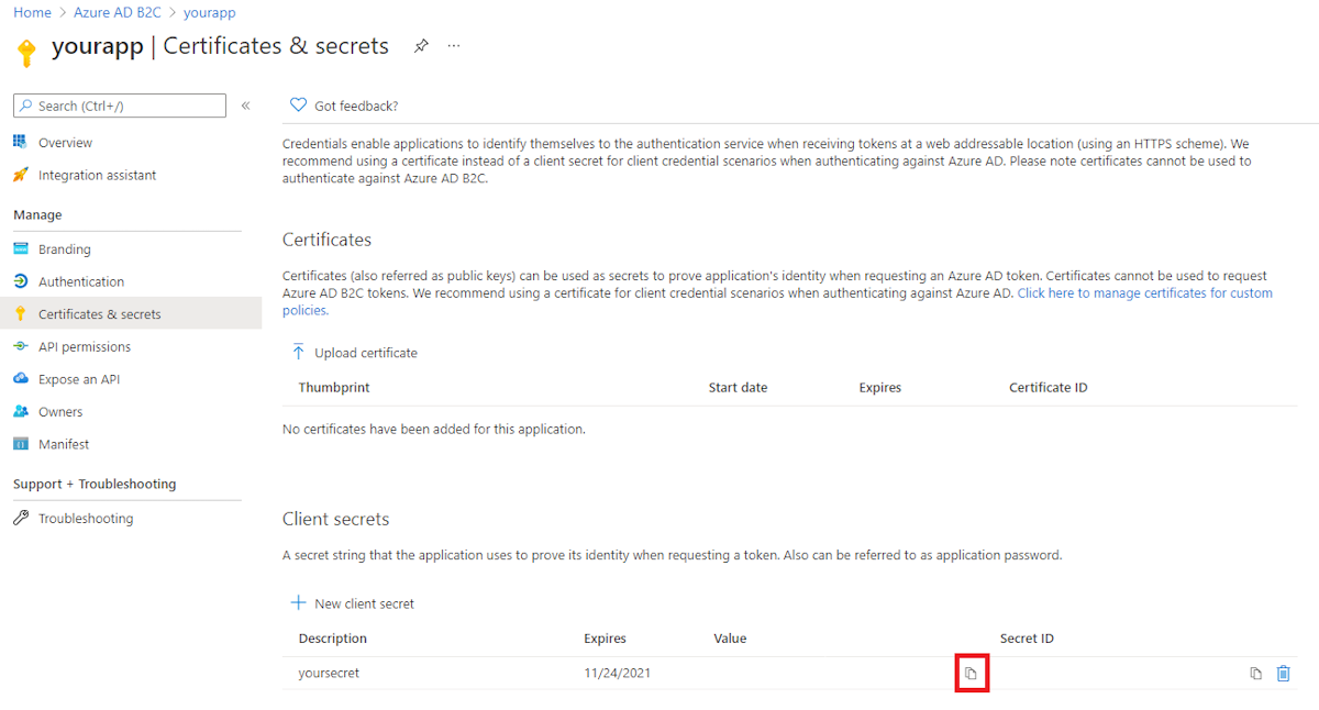 コピー ボタンが選択された [証明書とシークレット] 画面。