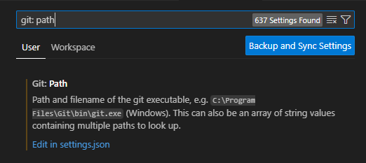 Git パスの Visual Studio Code 設定検索バーのスクリーンショット。