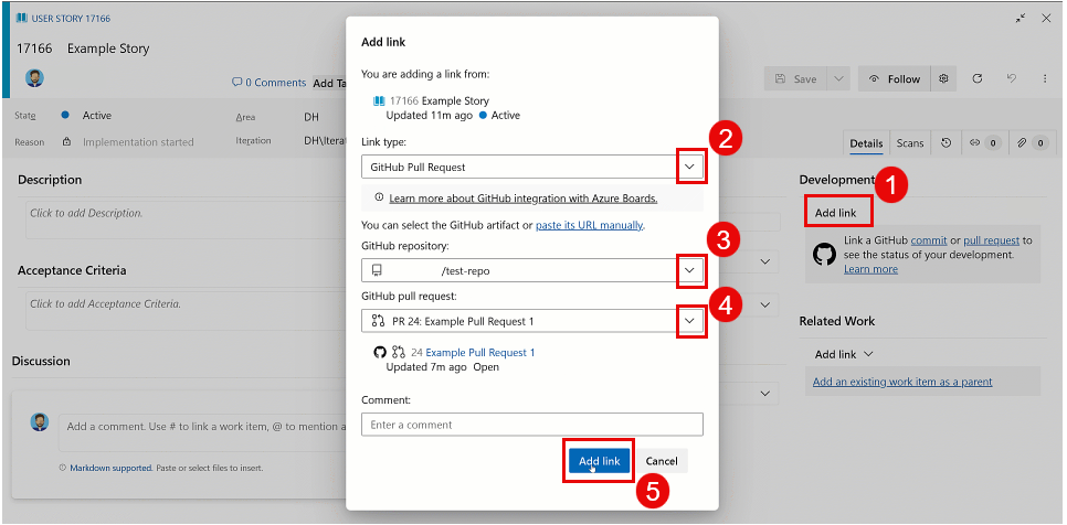 作業項目に pull request リンクを追加するための 5 段階のシーケンスを示すスクリーンショット。