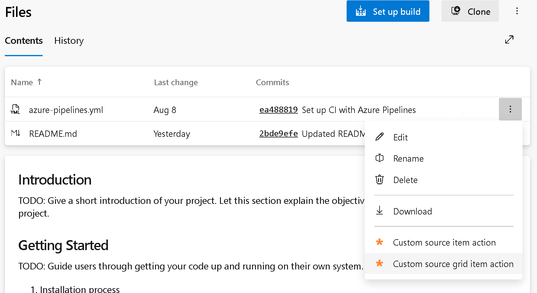 ソース項目のグリッド メニューのスクリーンショット。