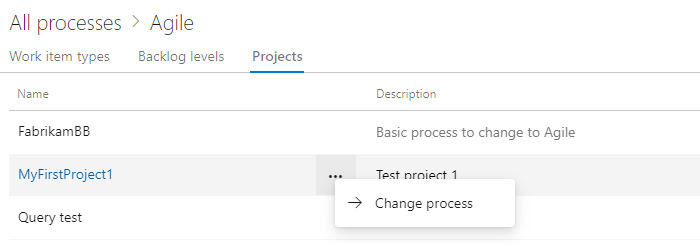 [プロセスの変更] オプションを使用して作成されたプロジェクトを示すスクリーンショット。