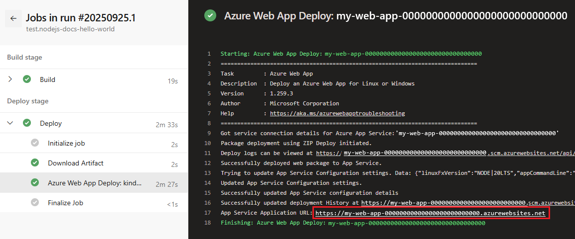 Azure Pipelines 内の Web サイトの URL の場所のスクリーンショット。