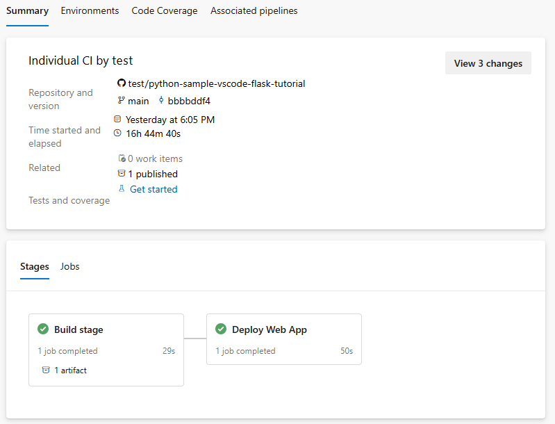 パイプライン実行の概要の [ステージ] セクションのスクリーンショット。