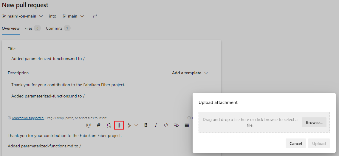 作成時に P R の説明にファイルを添付することを示すスクリーンショット。