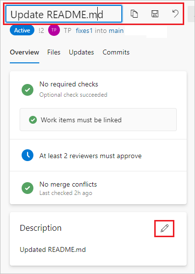 P R タイトルの編集と説明の [編集] ボタンの選択を示すスクリーンショット。