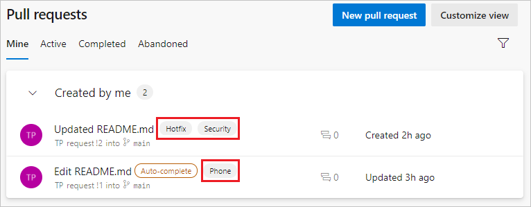 タグ付きの P Rs を示すスクリーンショット。