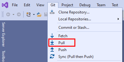 Visual Studio 2019 の Git メニューの Pull オプションのスクリーンショット。