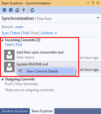 Visual Studio 2019 のチーム エクスプローラーの同期ビューの受信コミットのコンテキスト メニューのスクリーンショット。