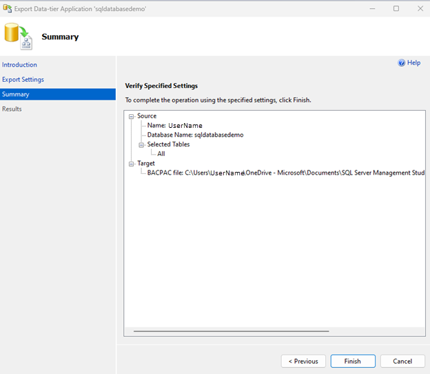 指定した設定の概要を示すスクリーンショット。