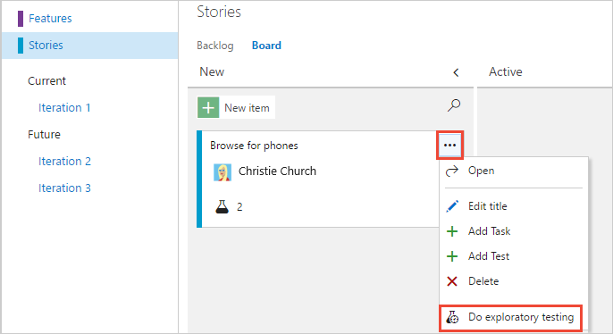[探索的テストを実行する] メニュー項目を開く様子を示すスクリーンショット。