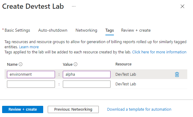 DevTest Labs 作成フォームの [タグ] タブのスクリーンショット。