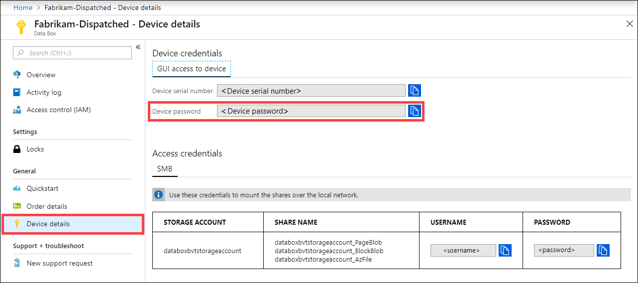 Azure portal 内の Data Box デバイスの [デバイスの詳細] のスクリーンショット。[デバイスの詳細] メニュー項目と [デバイス パスワード] オプションが強調表示されています。