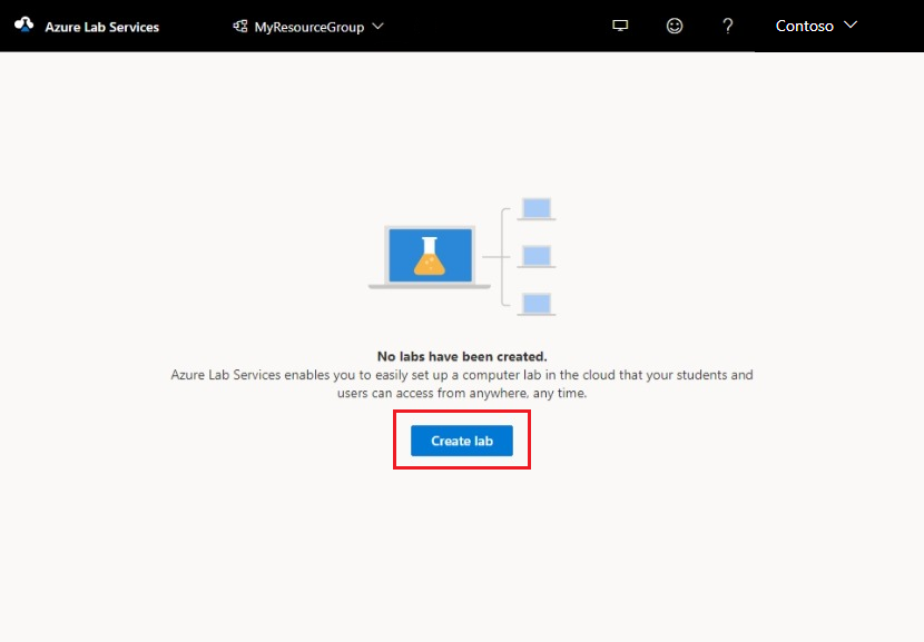 [New lab]\(新しいラボ\) ボタンが強調表示されている Azure Lab Services ポータルのスクリーンショット。