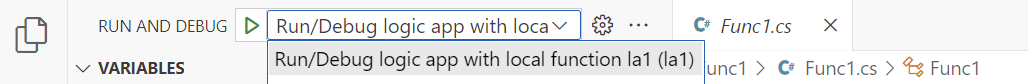 スクリーンショットは、ローカル関数を使用した実行/デバッグ ロジック アプリの選択オプションを含む実行とデバッグの一覧を示しています。