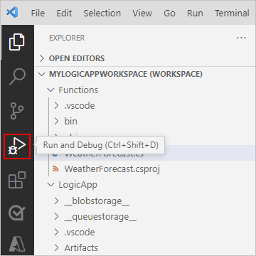[実行とデバッグ] が選択されている Visual Studio Code アクティビティ バーを示すスクリーンショット。