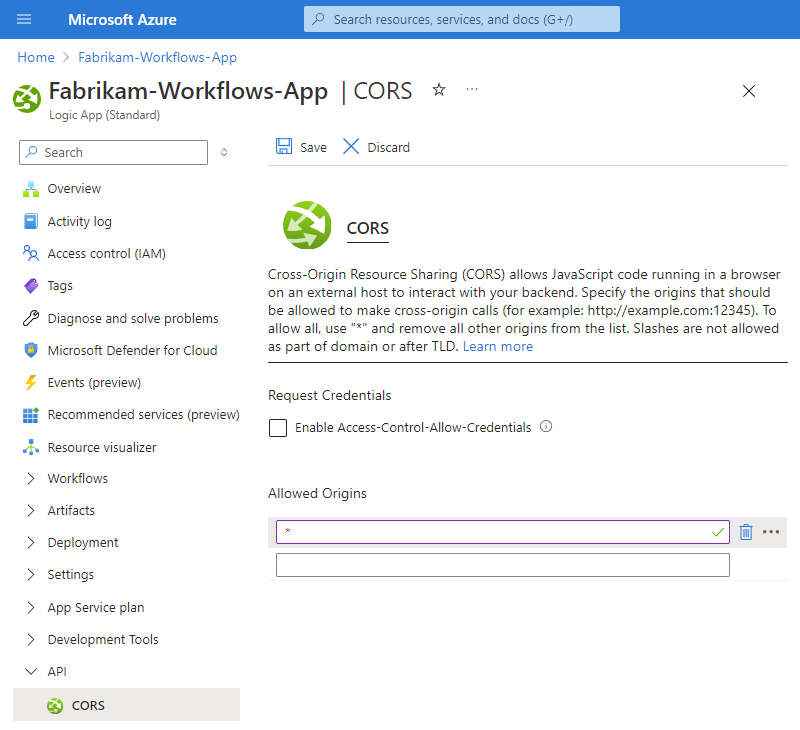 デプロイされた Standard ロジック アプリ リソースを含む Azure portal を示すスクリーンショット。リソース メニューで、CORS が選択され、許可されるオリジンの新しいエントリがワイルドカード * 文字に設定されます。