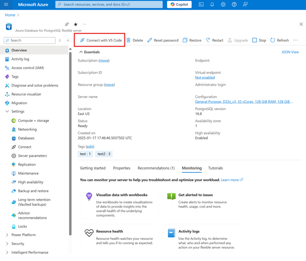 [Connect with Visual Studio Code]\(Visual Studio Code を使用して接続\) ボタンが表示された Azure Database for PostgreSQL インスタンスを示す Azure portal のスクリーンショット。