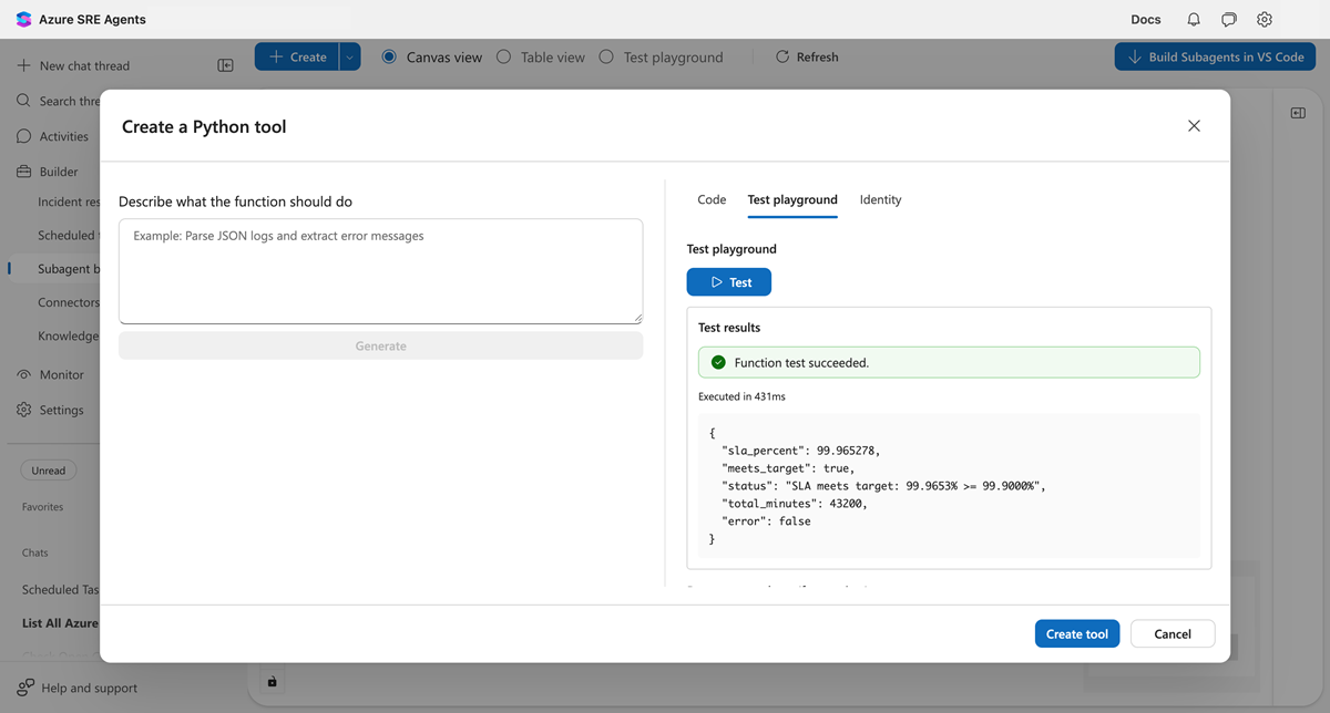 SLA 計算結果で正常に実行されたことを示すテスト プレイグラウンドのスクリーンショット。