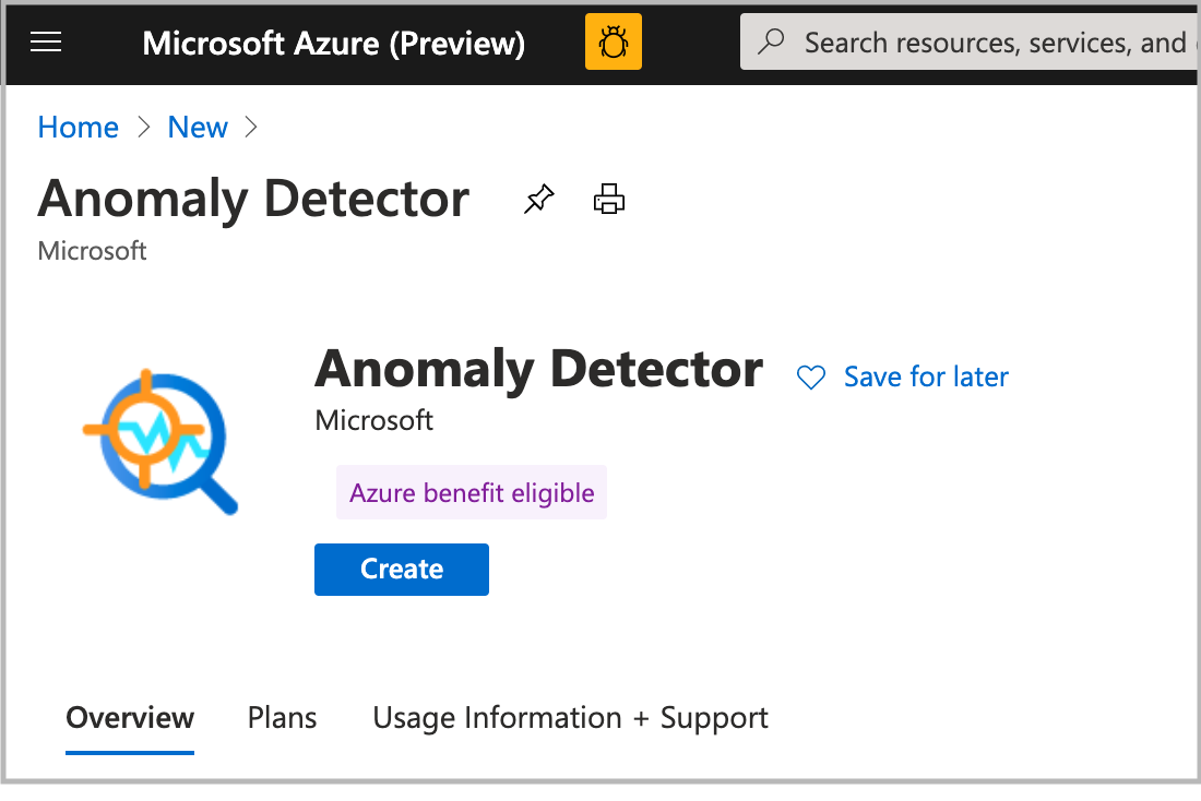 ポータルにある Anomaly Detector を示すスクリーンショットで、「作成」ボタンがあります。