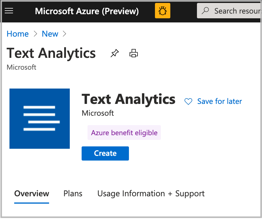 ポータルの [作成] ボタンを含む Text Analytics を示すスクリーンショット。