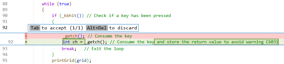 Copilot によって提案された変更のスクリーンショット。受け入れるタブ。Alt + Del キーを押して破棄します。