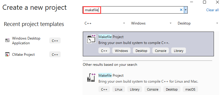 [新しいプロジェクトの作成] ダイアログのスクリーンショット。[Create a new project text field]\(新しいプロジェクトの作成\) テキスト フィールドのテキスト ボックスには、makefile というテキストが含まれています。