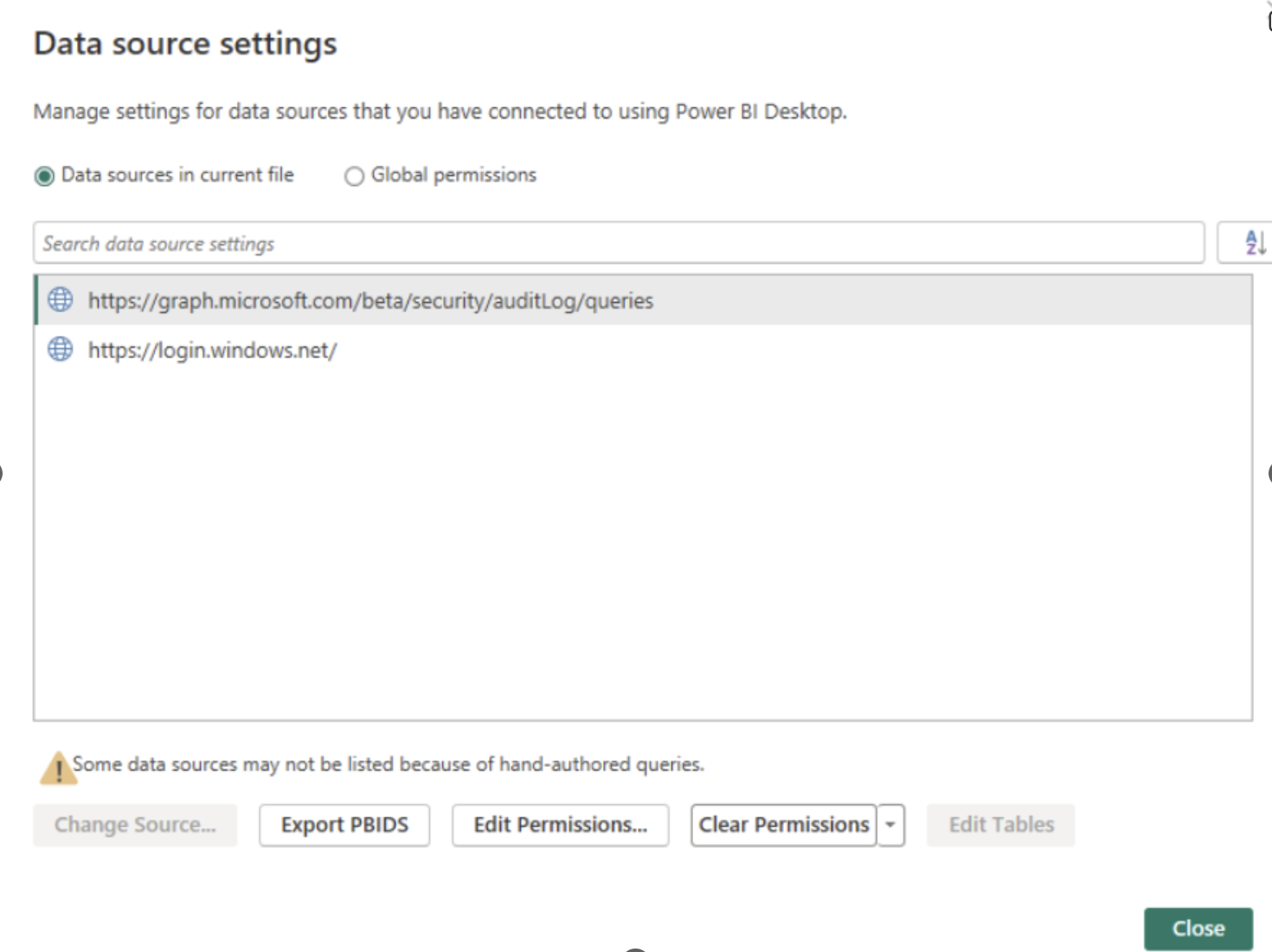 Power BI データ ソースの設定を示すスクリーンショット