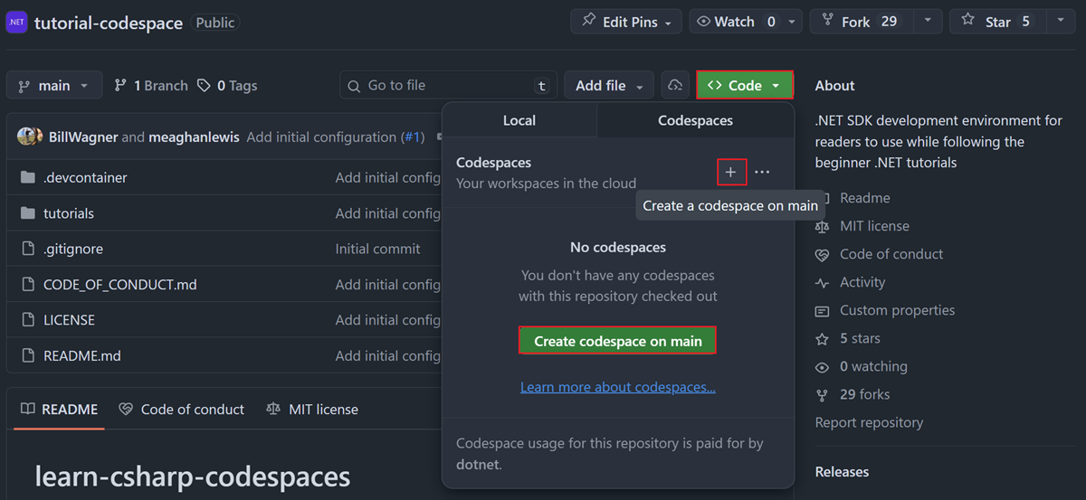 チュートリアル リポジトリから新しい Codespace を作成する