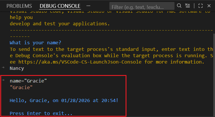 入力された値を示すターミナル
