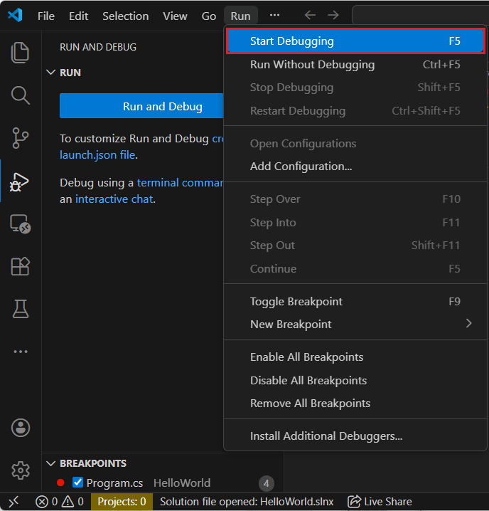 デバッグを開始する