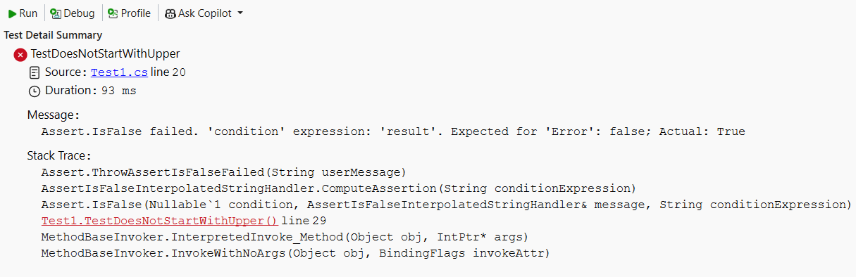 IsFalse アサーションの失敗を示す [テスト エクスプローラー] ウィンドウ